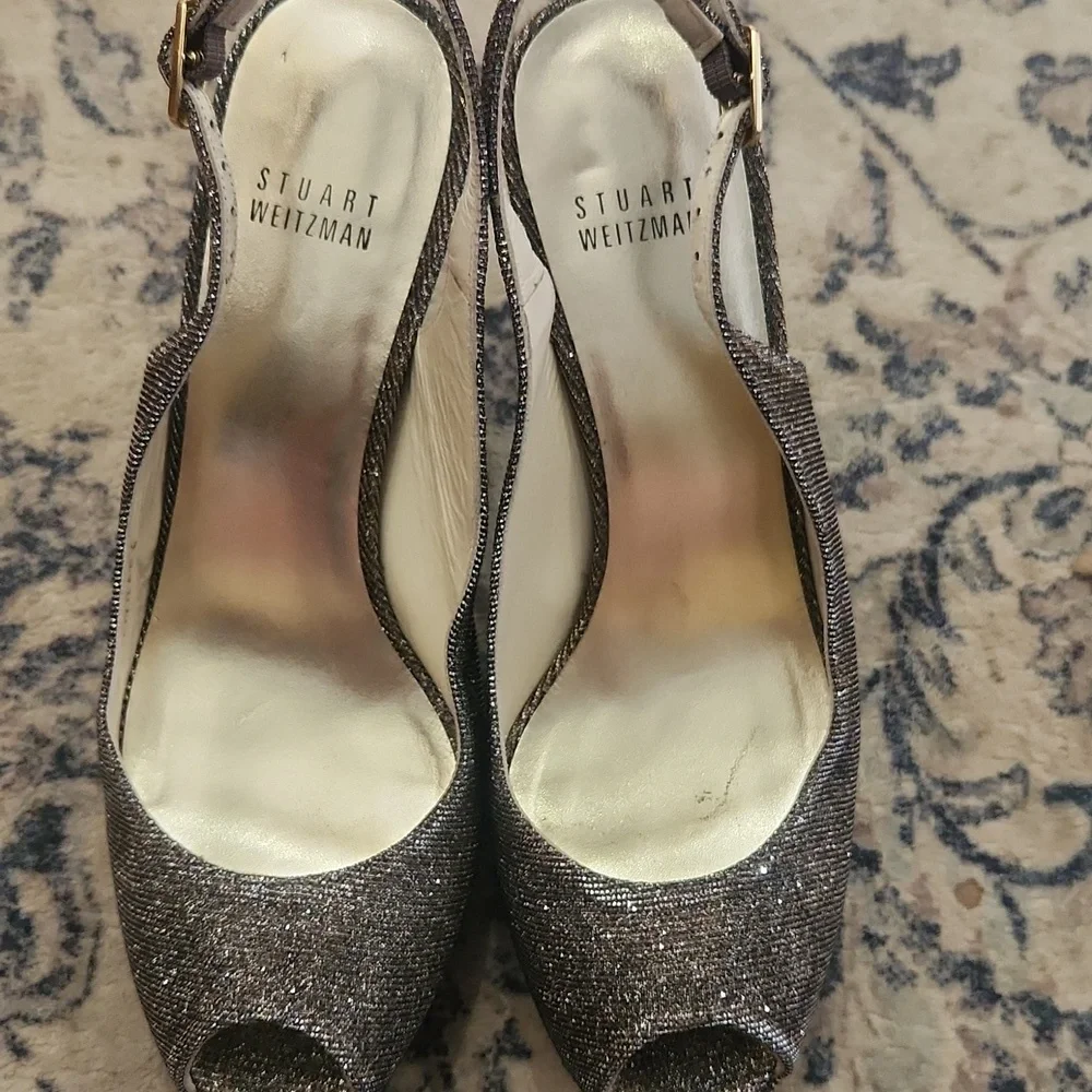 Stuart Weitzman Platform Sparkle Shimmer Pyrite Peeptoe Slingback Heel Size 8 - Picture 4 of 8